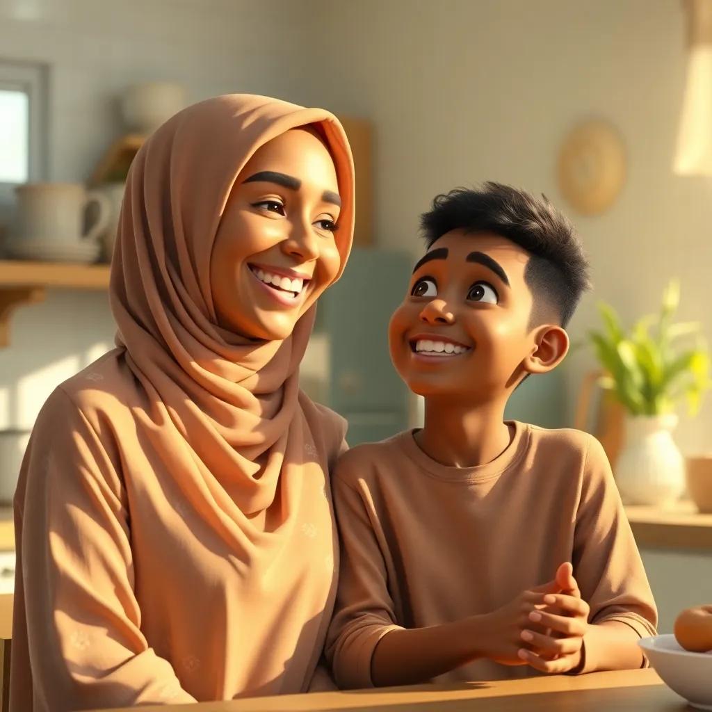 An Arab mother, smiling warmly at her son Omar, who is excitedly sharing his dreams of becoming a linguist, bright and cheerful kitchen, afternoon light, family environment, digital art, realistic, high quality