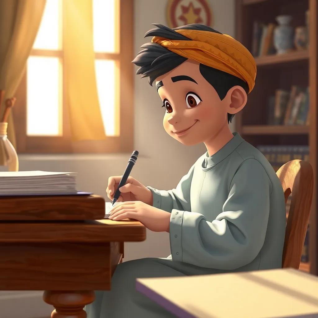 A young Arab boy, Omar, writing his story at a wooden desk, surrounded by finishing touches of his creativity, soft light, inspiring atmosphere, illustration, warm and inviting, high quality