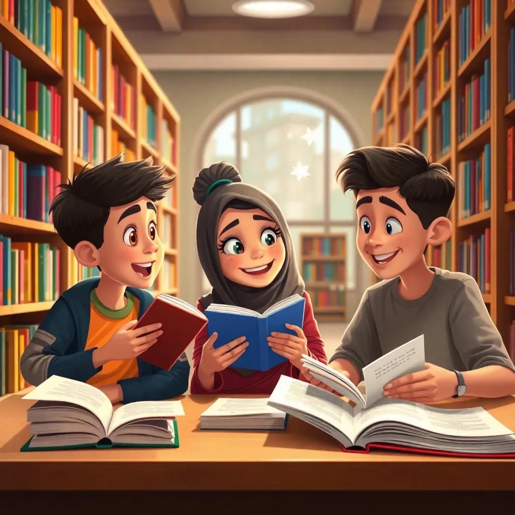 A library scene with young friends Omar, Aliya, and Zaid excitedly discussing books and writing together, vibrant and friendly environment, digital illustration, colorful, engaging perspective, high quality