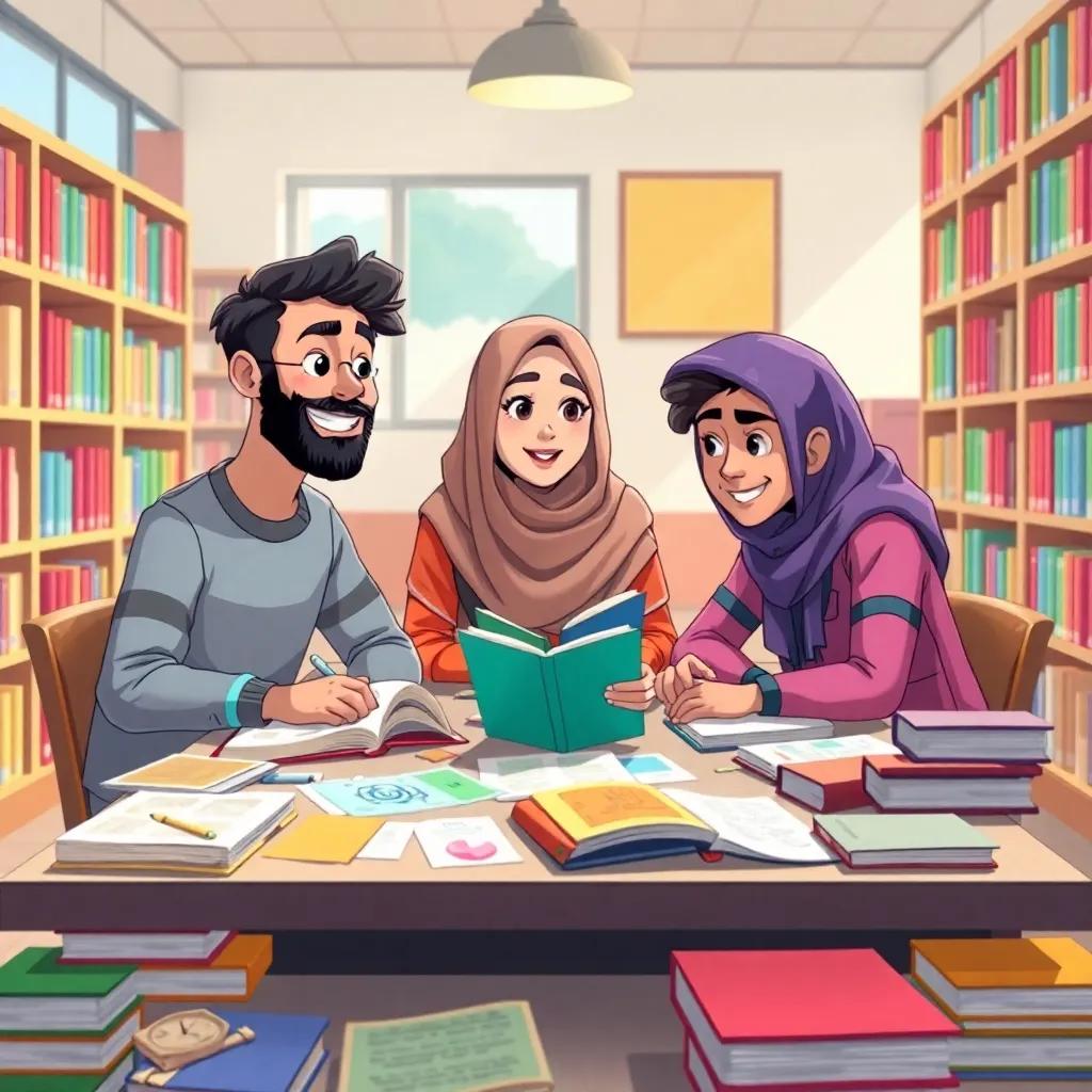 The three friends Omar, Aliya, and Zaid studying together at a table filled with books, papers, and colorful materials, discussion atmosphere, bright library, illustration, lively scene, high quality