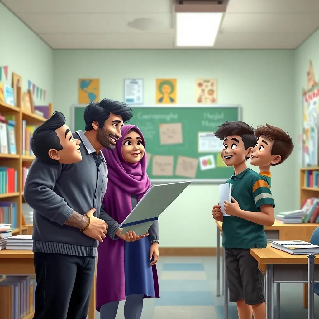 A proud teacher congratulating young students Omar, Aliya, and Zaid for their project in a classroom filled with books and posters, vibrant colors, uplifting mood, digital art, positive learning environment, high quality