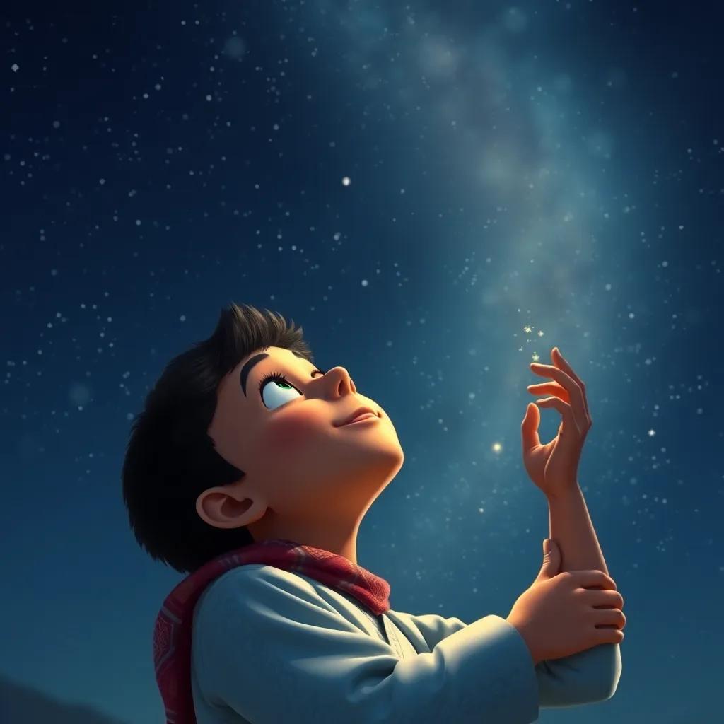 A hopeful young Arab boy, Omar, looking up at the starry night sky, dreaming of becoming a famous poet one day, with a soft glow of stars lighting the scene, digital art, serene atmosphere, high quality