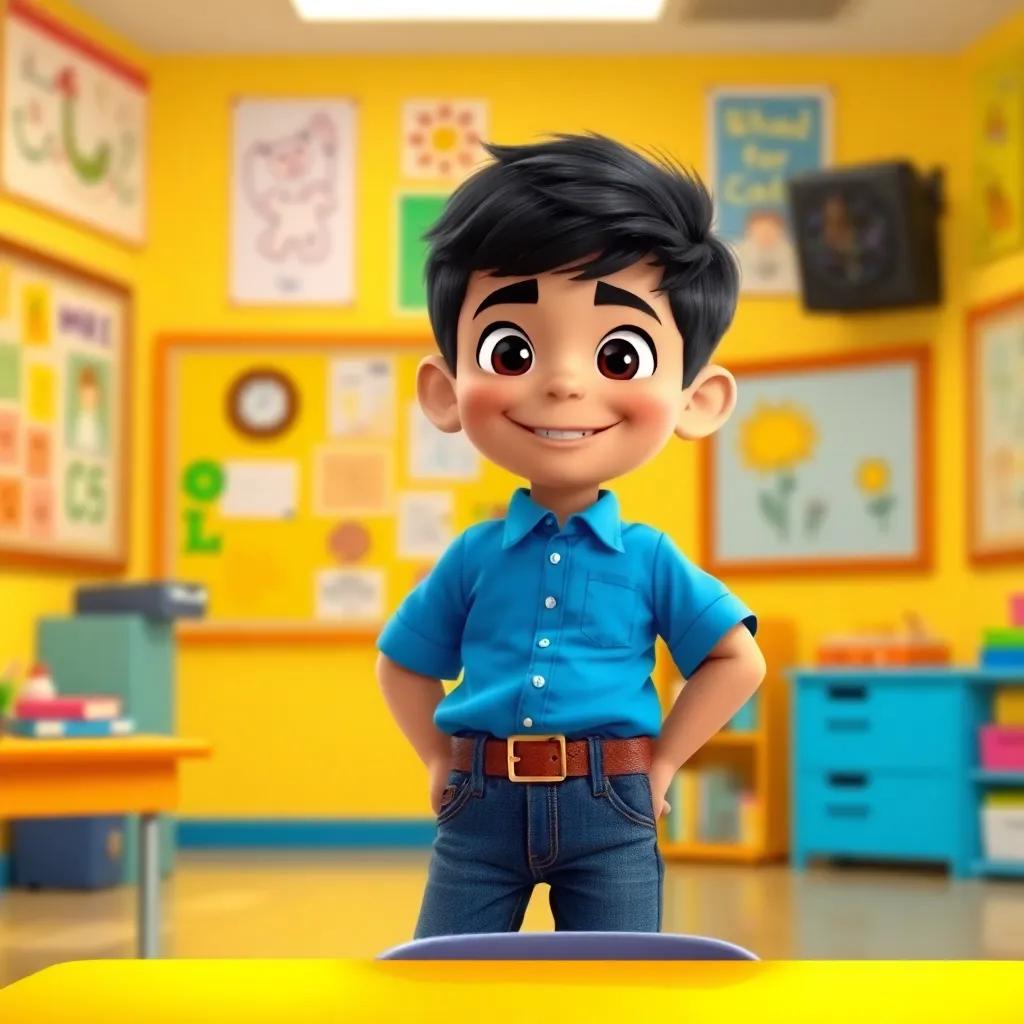 A cheerful boy named Omar, a 5-year-old Arab boy with short black hair, wearing a blue shirt and jeans, looking determined in a bright classroom filled with posters and colorful drawings, digital art, vibrant colors, happy atmosphere, high quality