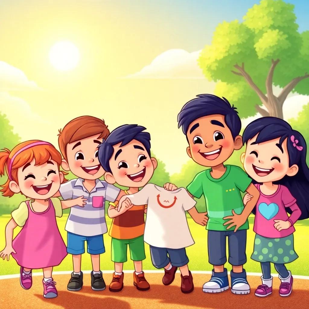 A group of children in a playground, including Omar, smiling and playing together, with a sunny sky and trees in the background, illustration, cheerful, friendship theme, bright colors