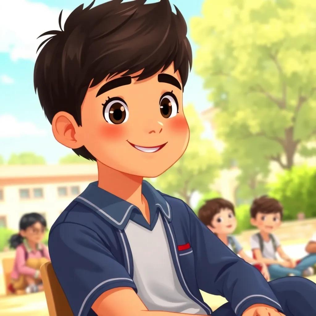 A young Arab boy, Omar, with short, dark hair wearing a school uniform, sitting with friends in a school yard, bright sunshine, cheerful mood, illustration, vibrant colors, child-friendly atmosphere, high quality