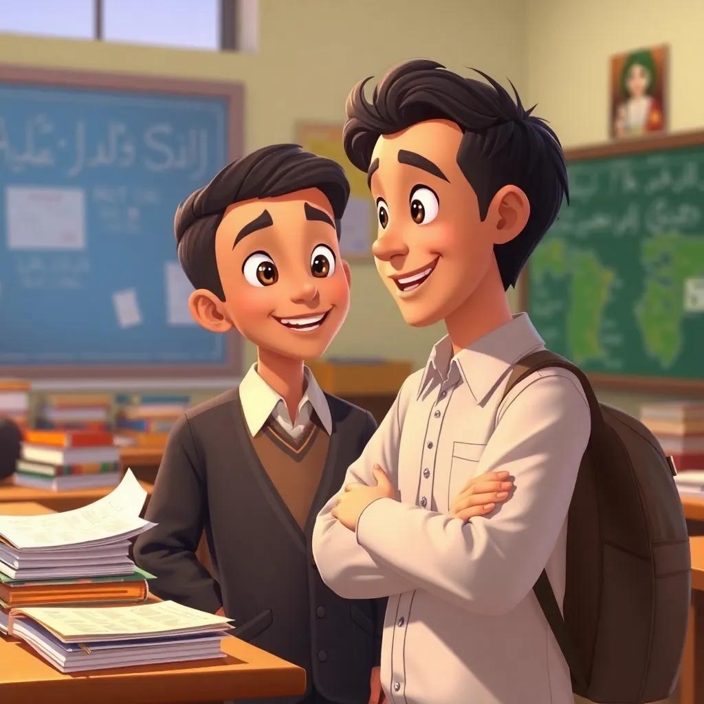 Omar, a young Arab boy in a school uniform, talking to his teacher with a bright smile, surrounded by books and papers, warm classroom setting, engaging atmosphere, illustration