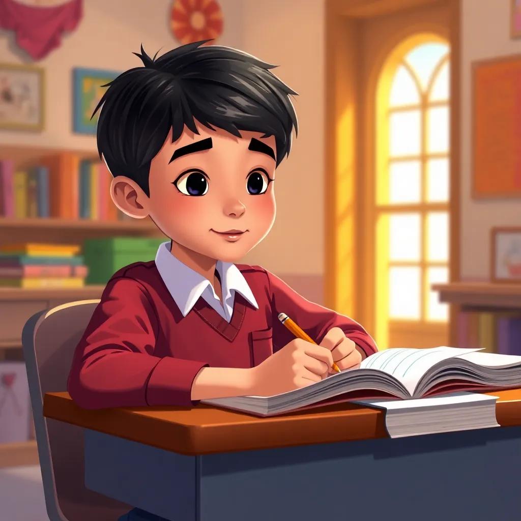 Omar, a young Arab boy with short, dark hair in a school uniform, sitting at a desk writing stories with a notebook and pencil, warm light, colorful surroundings, focused expression, child-friendly scene, illustration