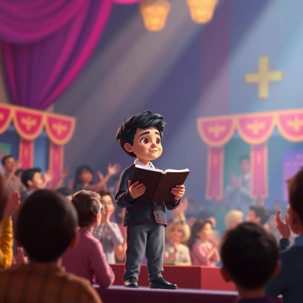 Omar, a young Arab boy with short, dark hair in a school uniform, standing on stage reading his poem with an audience clapping, vibrant colors, dynamic scene, celebration atmosphere, digital art