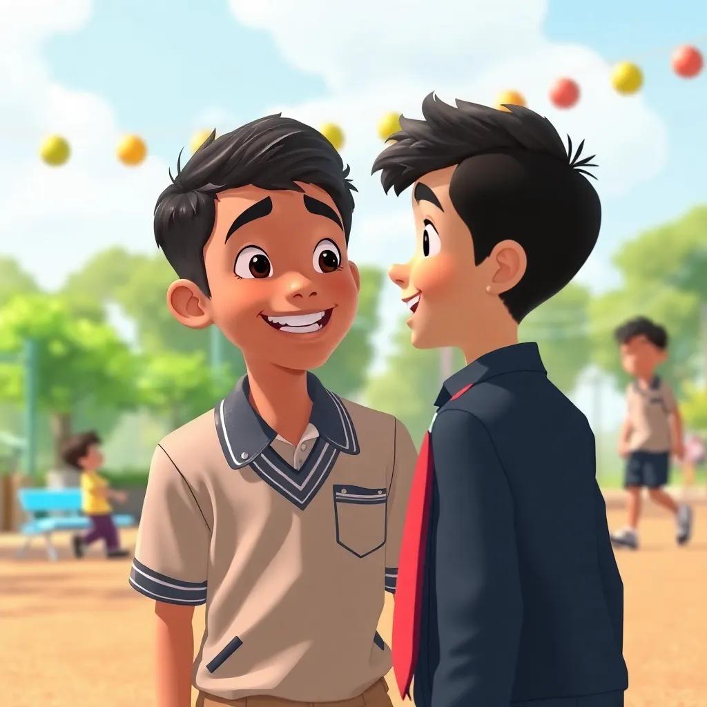 Omar, a young Arab boy with short, dark hair in a school uniform, smiling as his friend praises him, in a lively playground, bright colors, joyful interaction, illustration