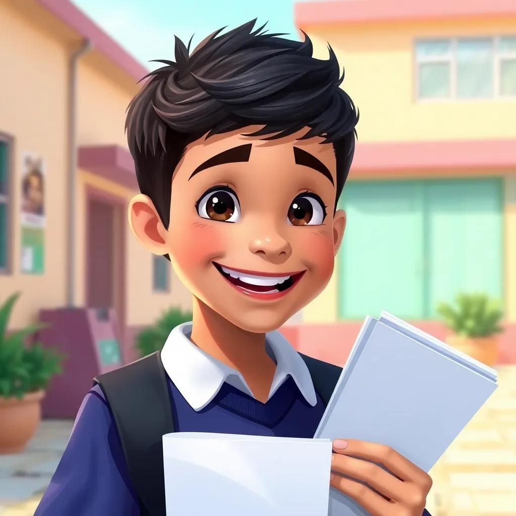 Omar, a young Arab boy with short, dark hair in a school uniform, smiling brightly with proudly held papers in hand, sunny schoolyard background, colorful scene, digital painting