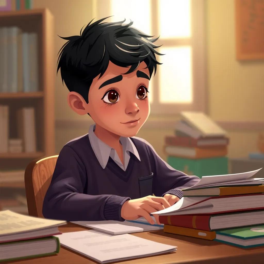 Omar, a young Arab boy with short, dark hair in a school uniform, sitting with books and papers around him, working hard at a desk, warm cozy light, focused atmosphere, illustration