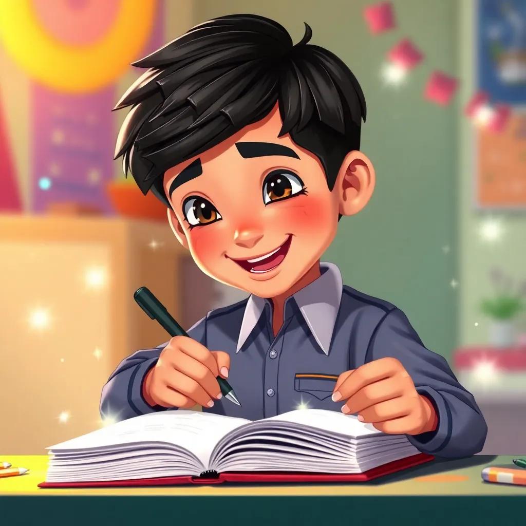 Omar, a young Arab boy with short, dark hair in a school uniform, happily writing in his notebook with sparkles around him, expressing his creativity, colorful surroundings, cheerful mood