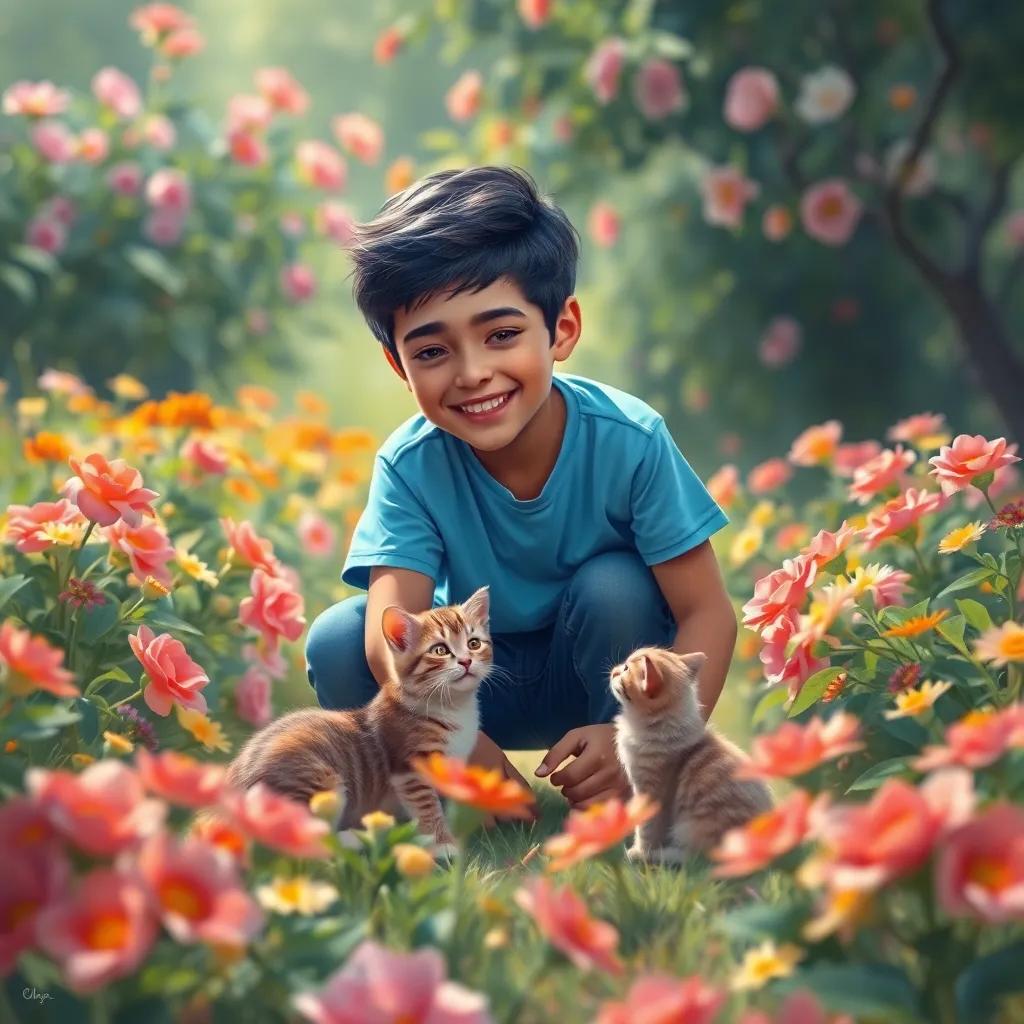 A young Arab boy, عمر, with short black hair, wearing a blue T-shirt and jeans, kneeling in a garden full of flowers, smiling at a small, fluffy cat, digital art, bright colors, cheerful atmosphere, high quality
