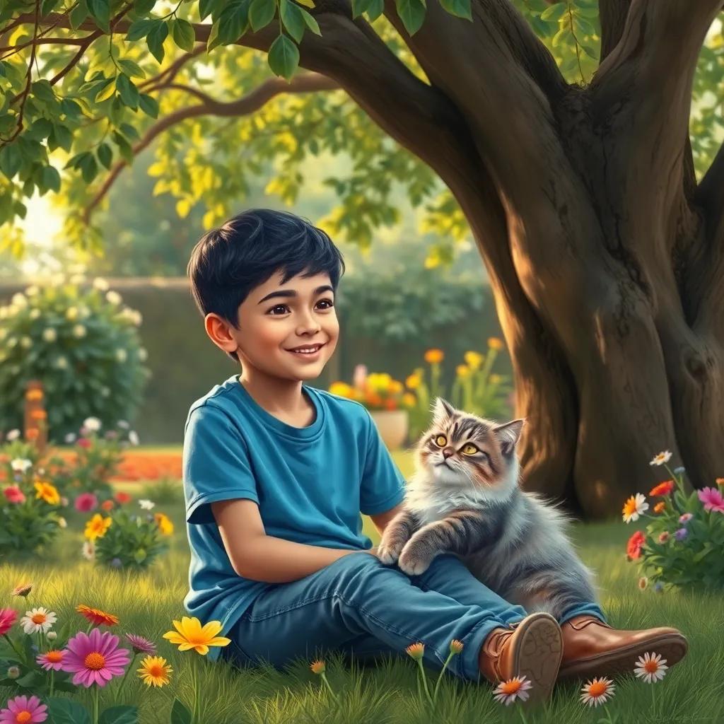 عمر, a young Arab boy with short black hair, wearing a blue T-shirt and jeans, sitting under a big tree in a garden with the fluffy cat playing nearby, colorful flowers around them, joyful, warm light, storytelling view, high quality