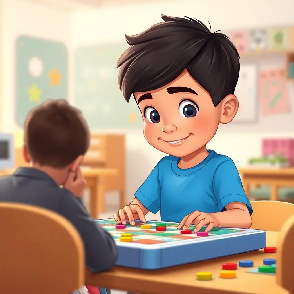 A smart Arab boy, Omar, age 5, with short dark hair, wearing a blue t-shirt and gray pants, playing a board game with a friend, colorful game pieces scattered around, bright classroom background, cheerful atmosphere, illustration, child-friendly, warm light, high quality