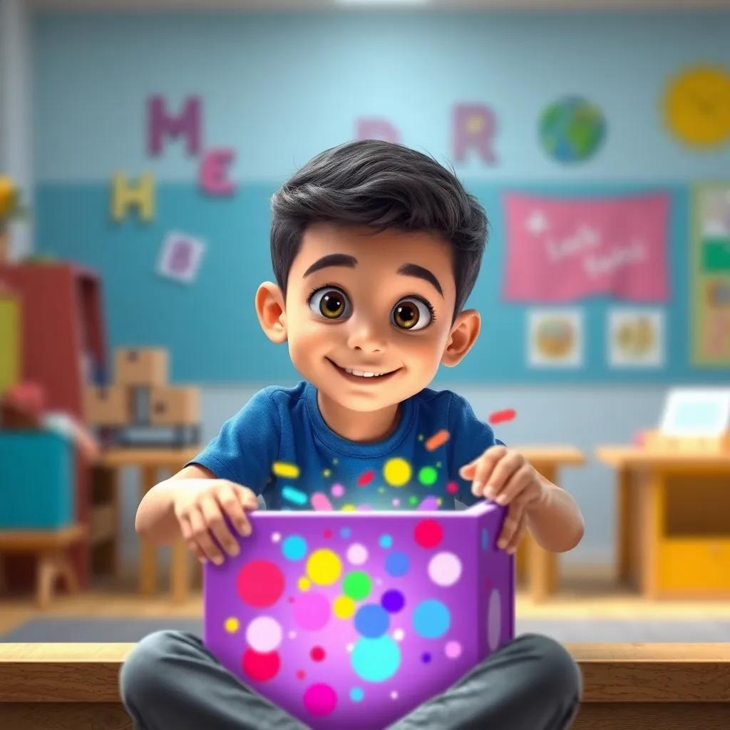 A smart Arab boy, Omar, age 5, with short dark hair, wearing a blue t-shirt and gray pants, sitting with colorful magic box opening, vibrant colors pouring out, curious expression, bright classroom background, playful atmosphere, digital art, joyful imagery, high quality