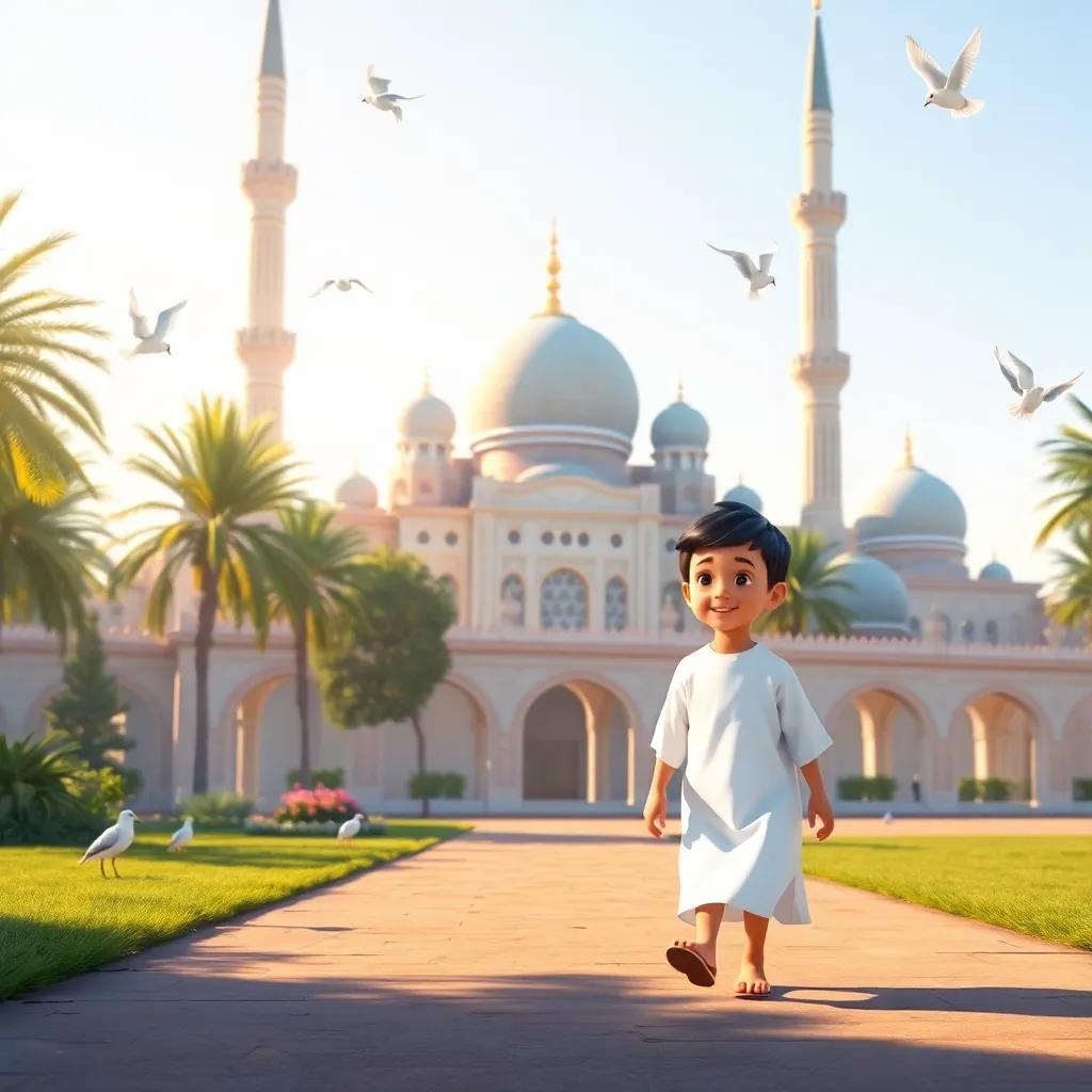 A young Arab boy, عمر, with short black hair wearing a simple white thobe, walking happily towards a mosque with birds chirping around, bright morning light, cheerful colors, inviting atmosphere, high quality