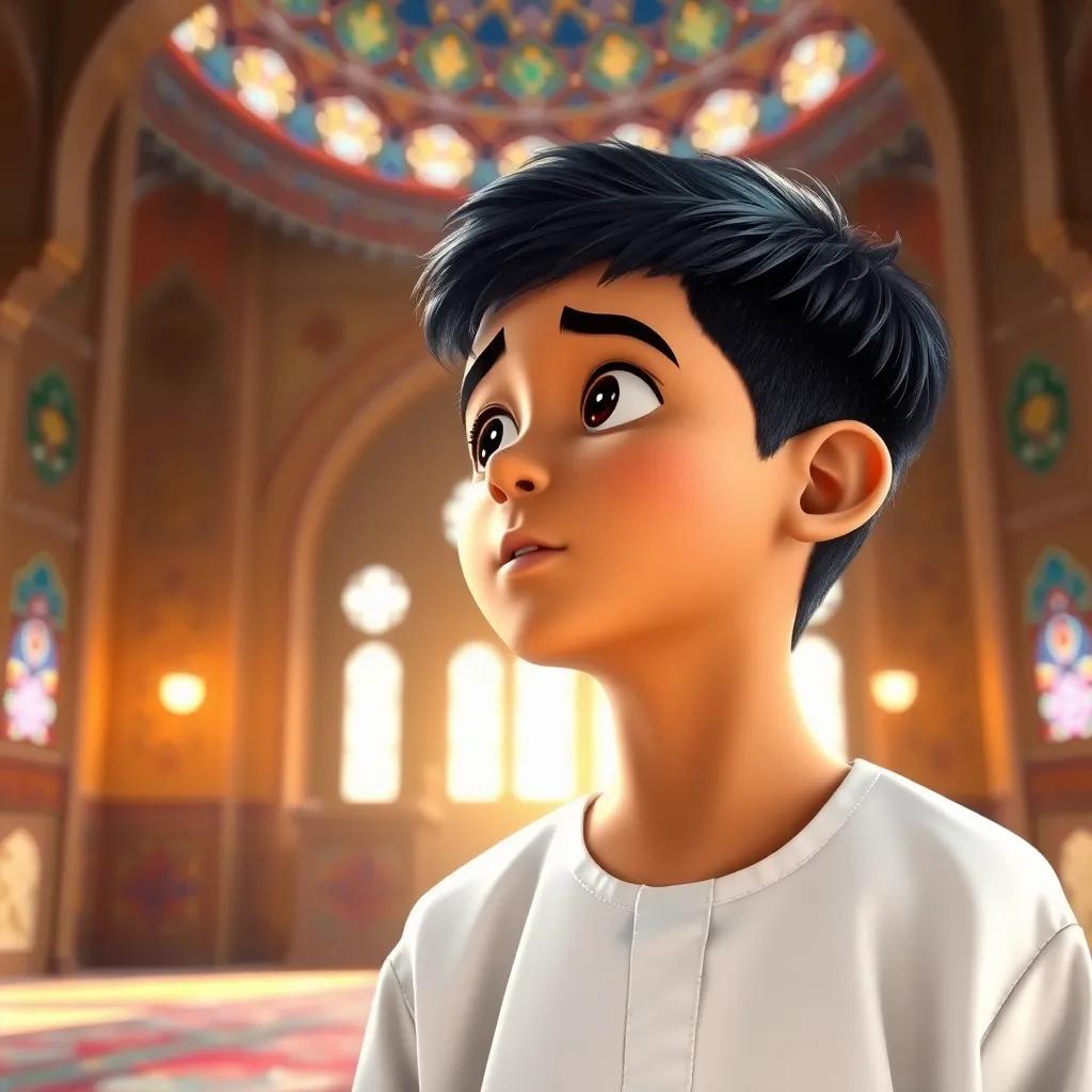 عمر, a young Arab boy with short black hair in a white thobe, inside a beautifully decorated mosque, listening to an imam's melodious voice, warm and bright light, colorful decorative patterns on the walls, serene ambiance, high quality