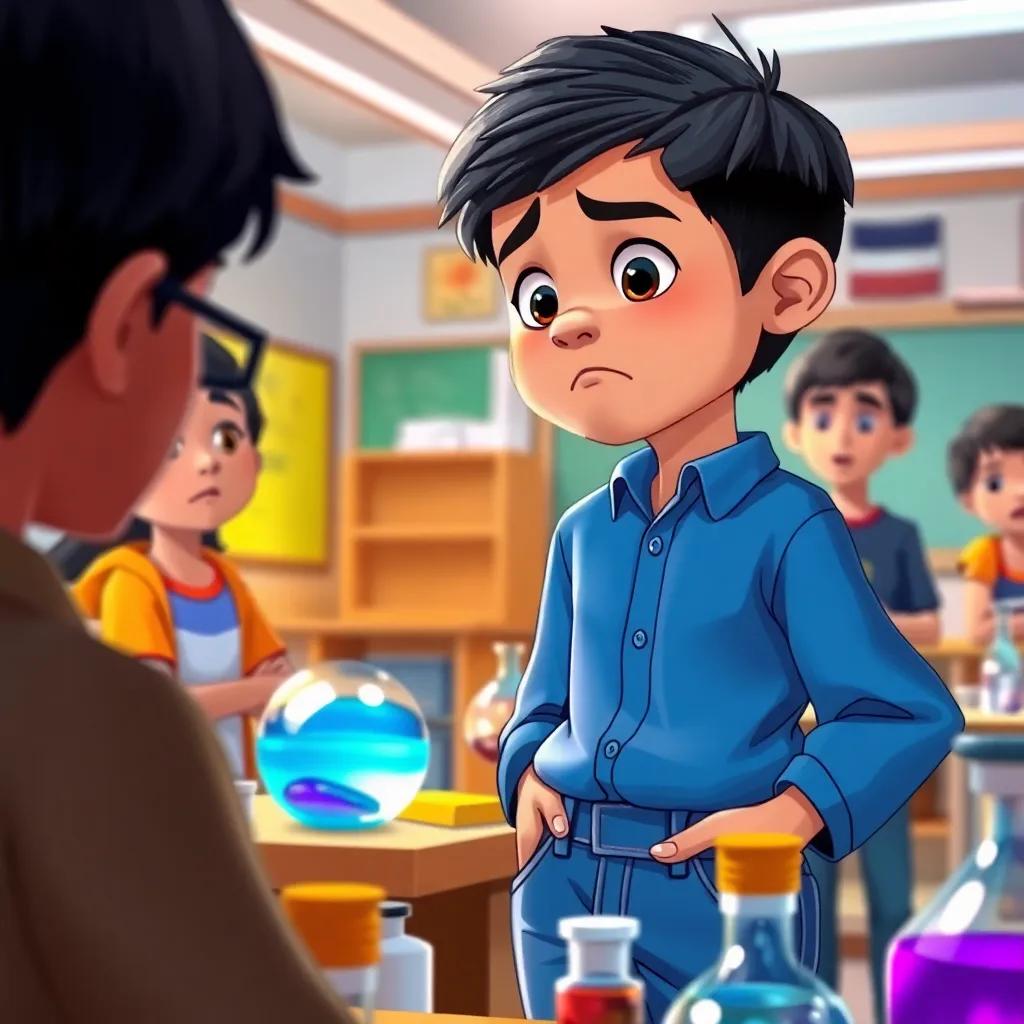 A young Arab boy, Omar, with short black hair, wearing a blue shirt and jeans, looking frustrated while surrounded by science equipment in a classroom, friends around him looking concerned, colorful and engaging classroom, digital painting, warm colors, emotional moment, high quality