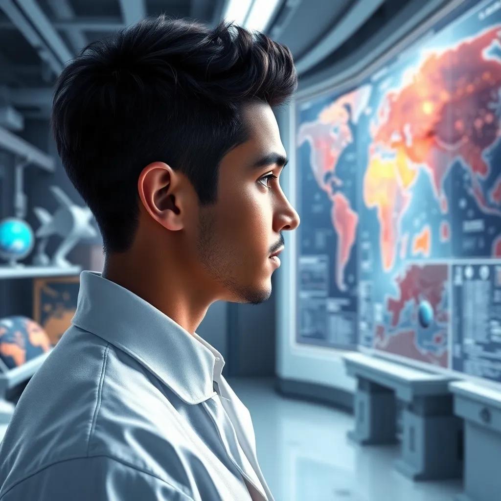 A young Arab man, Omar, with short black hair, wearing a white lab coat, standing in a high-tech laboratory filled with space models and charts, deep in thought looking at a large map of the galaxy, digital art, bright and engaging, futuristic atmosphere, professional setting, high quality