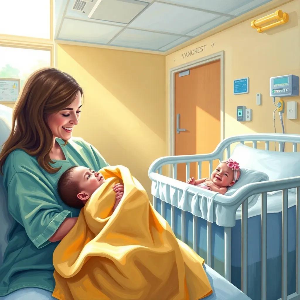 A sunny hospital room with a newborn baby boy, Omar, wrapped in a soft blanket, and a baby girl, Shilan, in another crib, with their mothers smiling and chatting nearby, bright colors, warm atmosphere, digital art, joyful scene, high quality