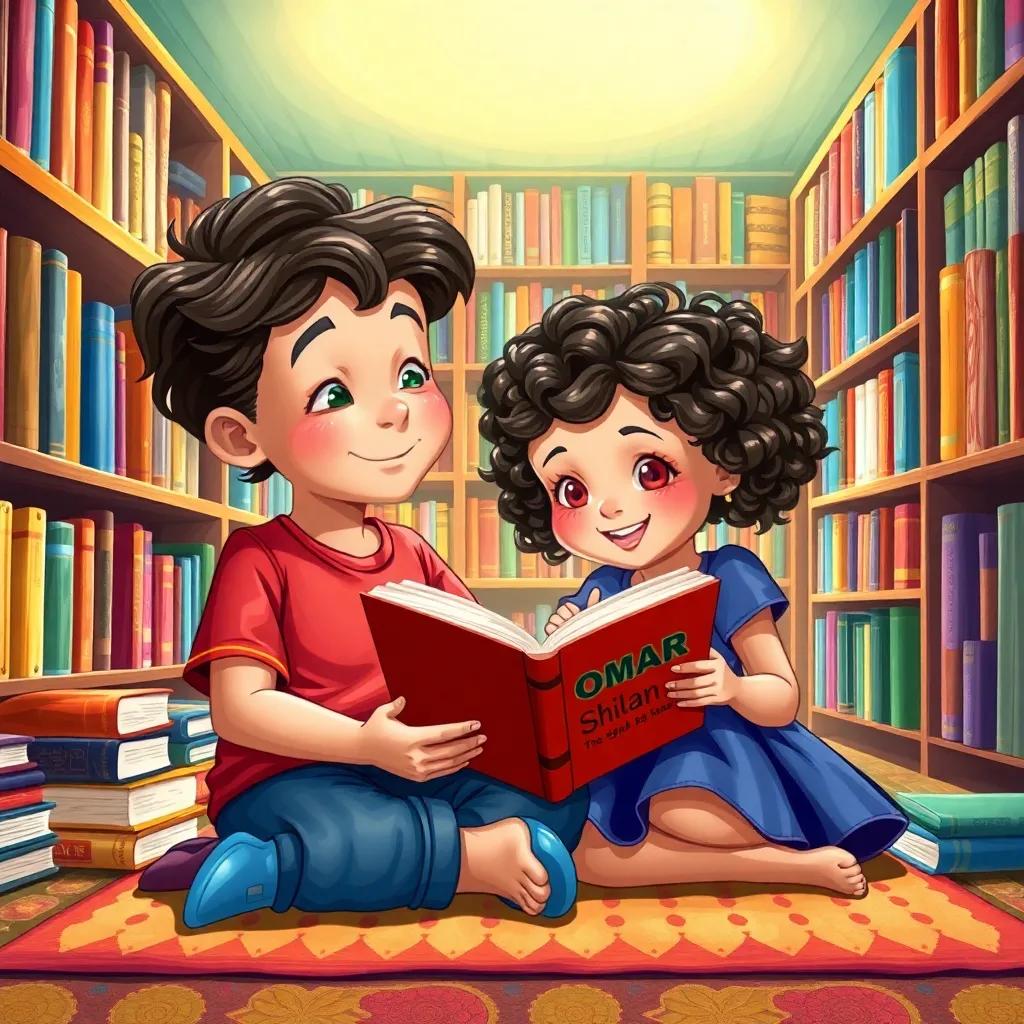 A cozy library filled with books, where a boy named Omar with wavy hair, wearing a red shirt, reads a book to a girl named Shilan, a girl with curly hair wearing a blue dress, both sitting on a colorful carpet, cheerful setting, lively colors, warm light, digital illustration, inviting ambiance, high quality