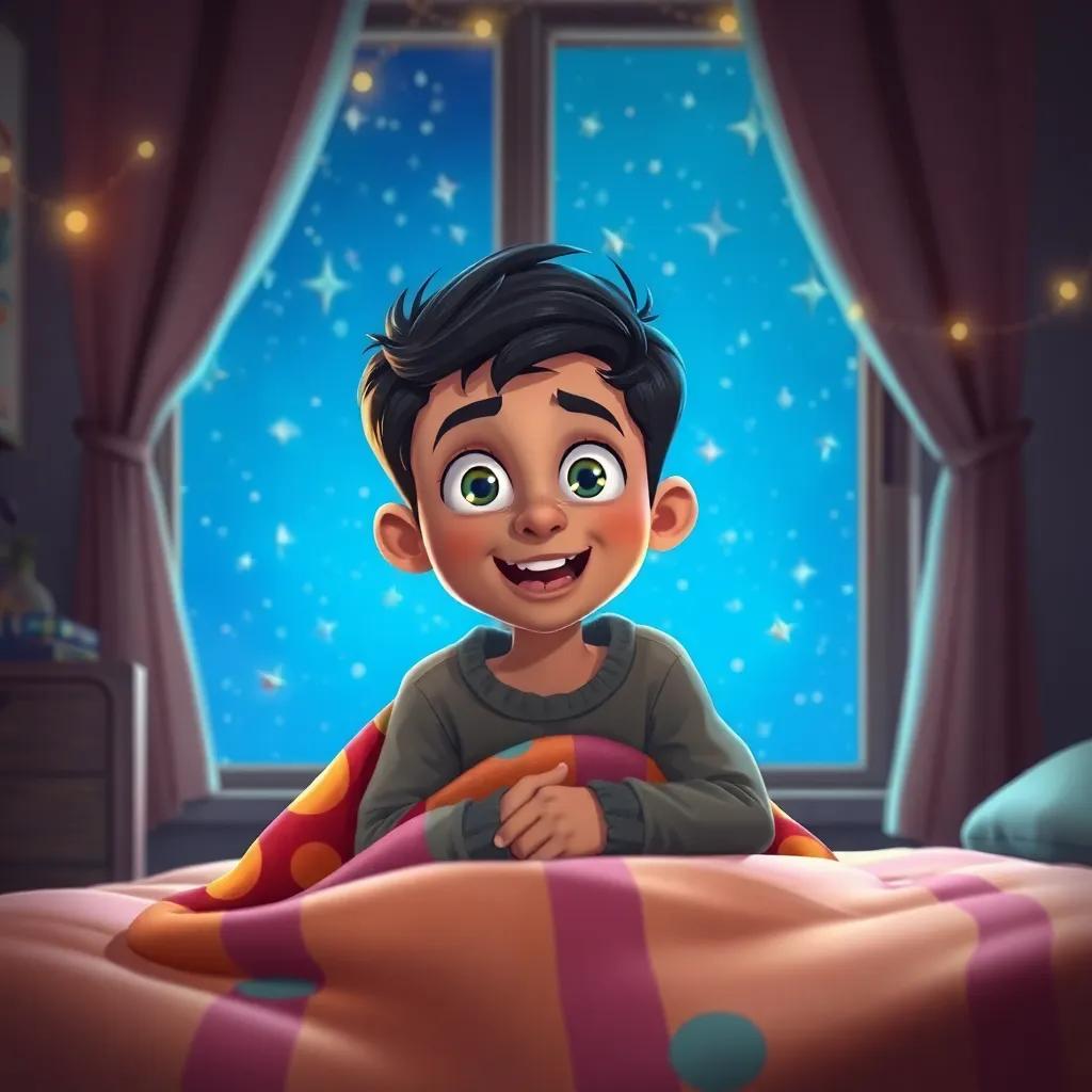 A cozy bedroom with twinkling stars outside the window, a young Arab boy, Omar, with short black hair, wearing pajamas, lying under a colorful blanket, excited and curious, digital art, warm and inviting atmosphere, whimsical, high quality