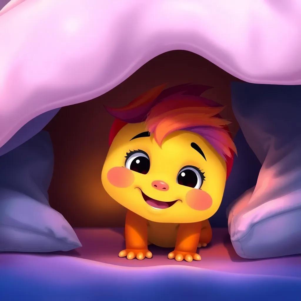 A small, colorful creature with rainbow colors peeking out from under a bed, Omar looking down with excitement, cozy bedroom with soft lighting, playful and adventurous, child-friendly, digital painting, vibrant and cheerful