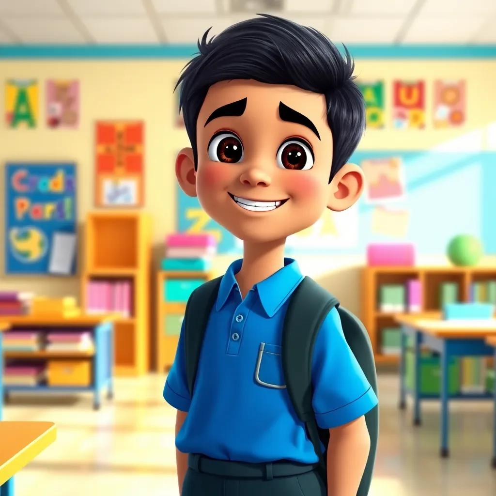 A cheerful young Arab boy, Omar, with short black hair, wearing a blue school uniform and a backpack, standing in a bright classroom with colorful posters and books, happy expression, digital art, vibrant colors, warm atmosphere, high quality