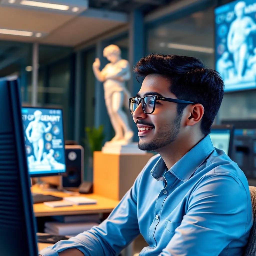 A young man, Omar, with short black hair, wearing a smart casual shirt and glasses, sitting in an office surrounded by computers and technical equipment, looking excited while discussing with a colleague about smart city technology, digital art, modern office, warm lighting, vibrant colors, engaging atmosphere, high quality