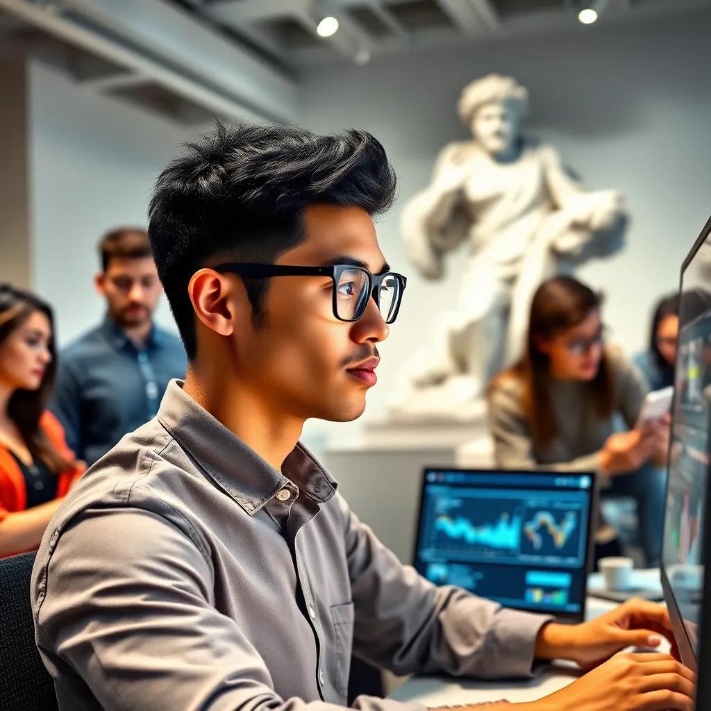 Omar, a young man with short black hair, in a smart casual shirt and glasses, working on a computer with charts and simulations displayed, with a focused expression, surrounded by a team of diverse young professionals collaborating, digital art, teamwork atmosphere, bright and lively colors, high quality