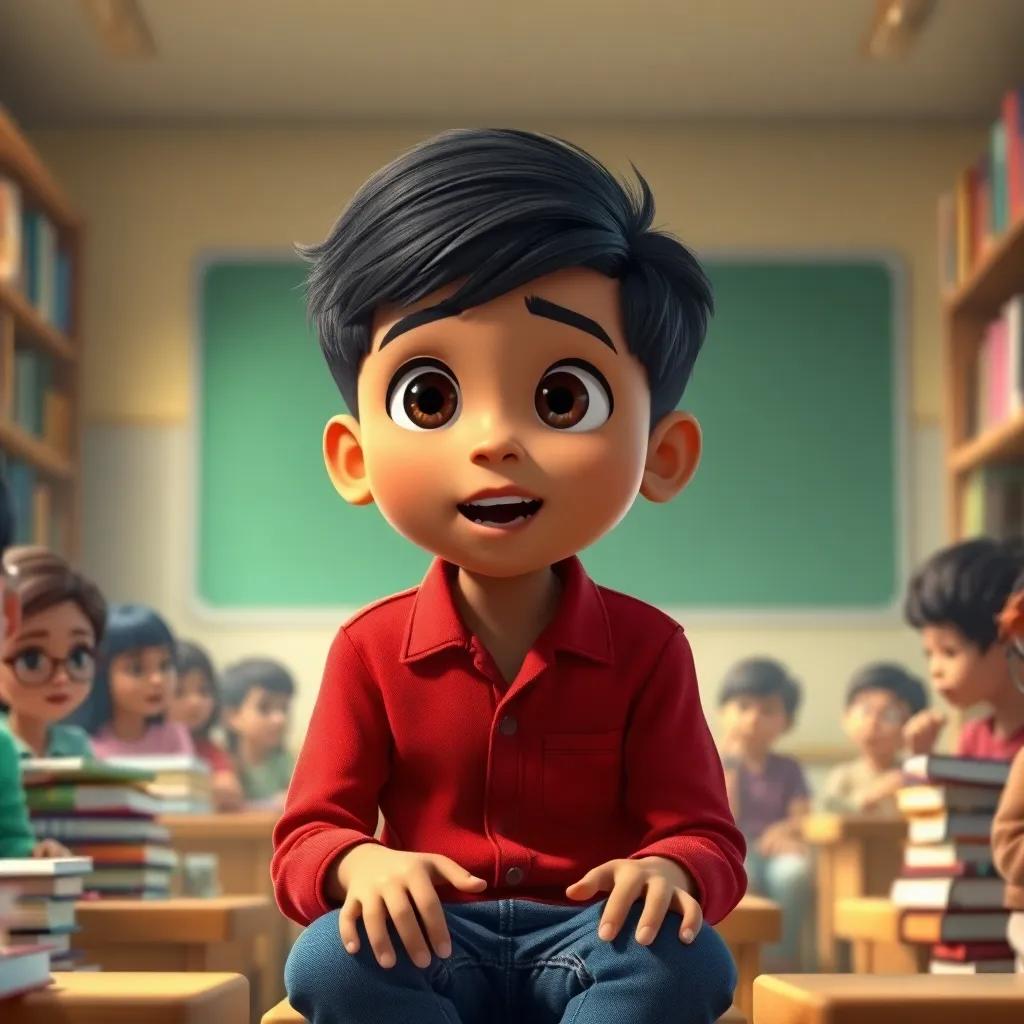 A young boy, Omar, with short black hair, wearing a red shirt and blue jeans, sitting in a classroom filled with books, speaking passionately to his friends, digital art, bright colors, inspiring atmosphere, high quality