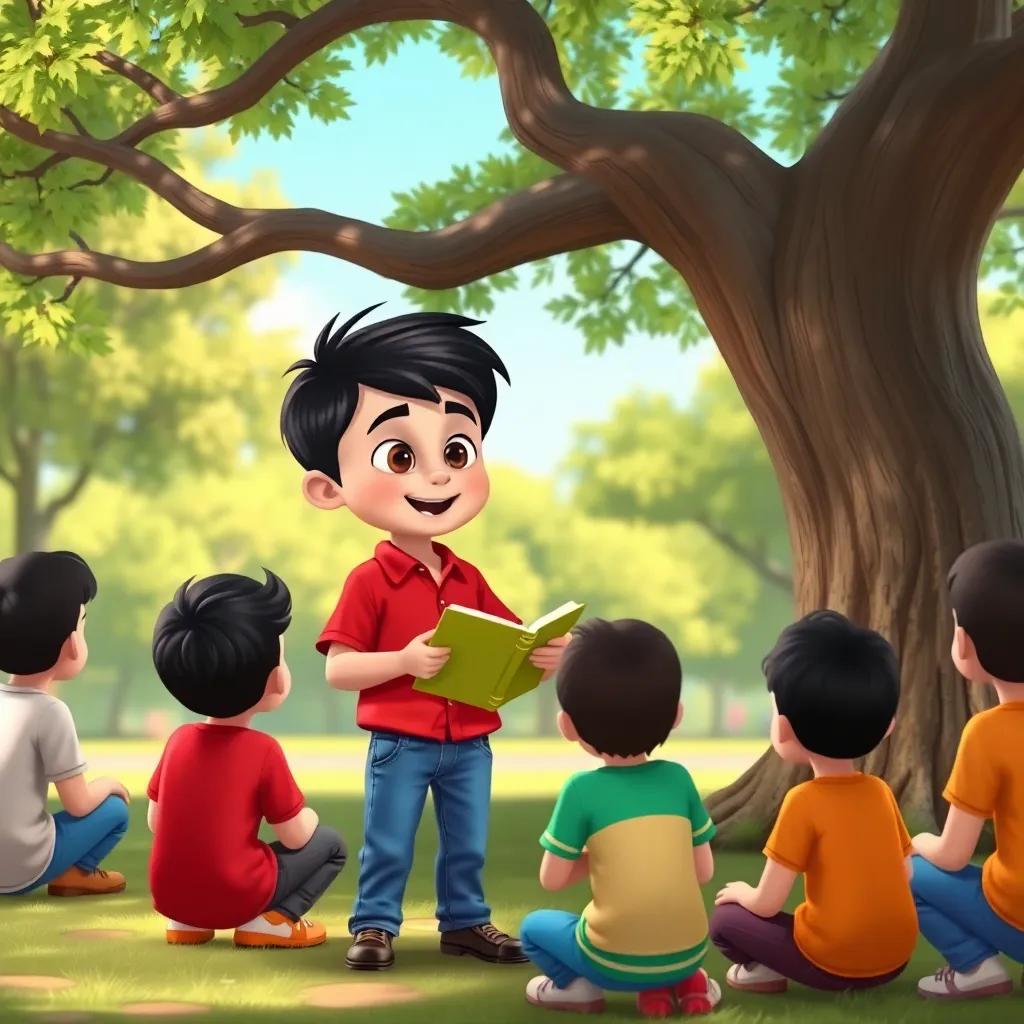 A young boy, Omar, with short black hair, wearing a red shirt and blue jeans, standing under a tree in a park, enthusiastically teaching his friends about Arabic poetry, playful scene, colorful environment, child-friendly, high quality