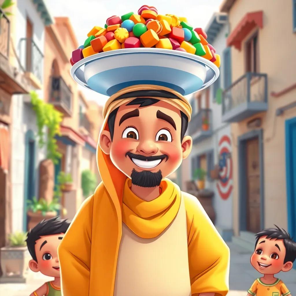 A friendly Arab man, Abu Salim, with a warm smile, wearing a traditional thawb, carrying a large plate of colorful sweets on his head, standing in a sunny neighborhood, vibrant scene, happy atmosphere, engaging children around him, detailed and bright colors, child-friendly illustration, high quality