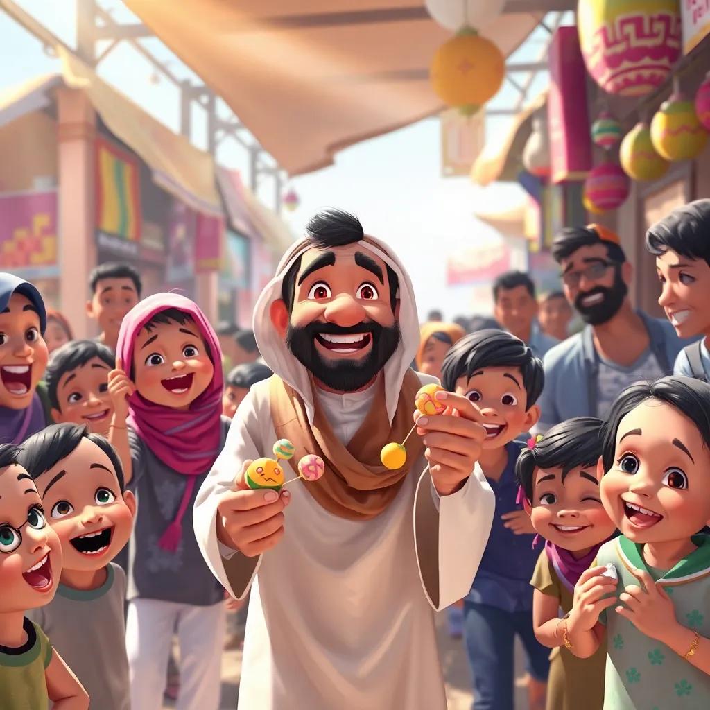An energetic scene of Abu Salim, a friendly Arab man in traditional thawb, surrounded by happy children and adults in a lively market, colorful sweets in hand, joyful expressions, bright day with sun rays shining, capturing a sense of community and happiness, vibrant colors, detailed digital painting, high quality
