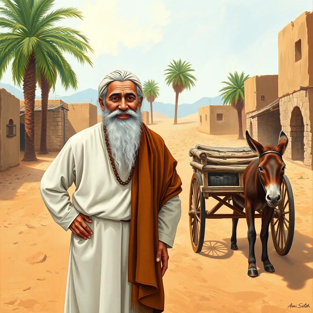 A wise old man named Aami Saleh, with a gray beard and warm smile, wearing a traditional white thawb and a brown shawl, standing next to an old wooden cart pulled by a donkey in a small desert village, surrounded by sandy roads and palm trees, illustration, warm colors, inviting atmosphere, high quality