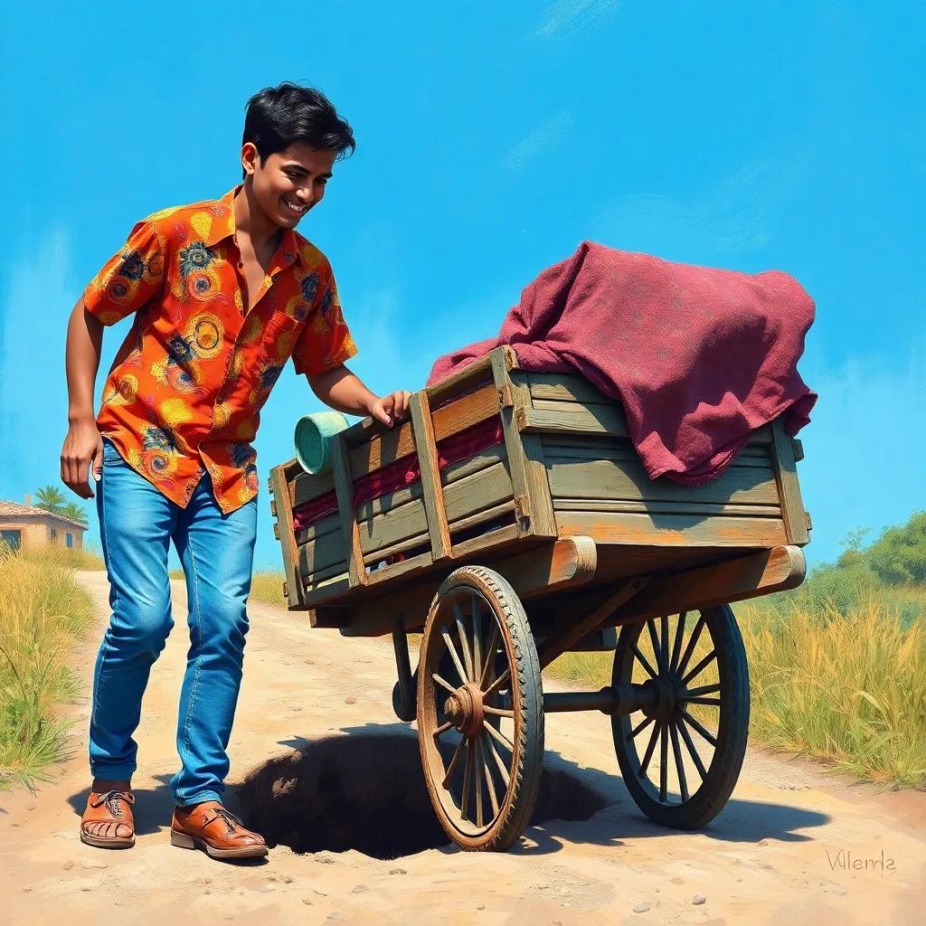 A young man with short dark hair, wearing a colorful shirt and jeans, helping Aami Saleh push the old cart out of a deep hole on an unpaved road, sweat on their brows, bright blue sky in the background, cheerful setting, digital art, detailed, uplifting scene