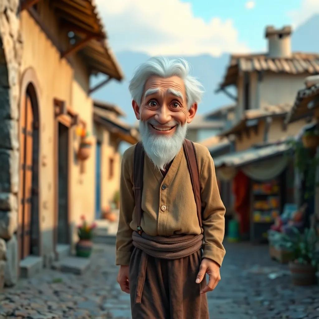 A kind old man, Am Salim, with white hair and a warm smile, wearing a traditional long shirt and trousers, walking through a small village with colorful candy box, digital art, vibrant colors, cheerful atmosphere, engaging