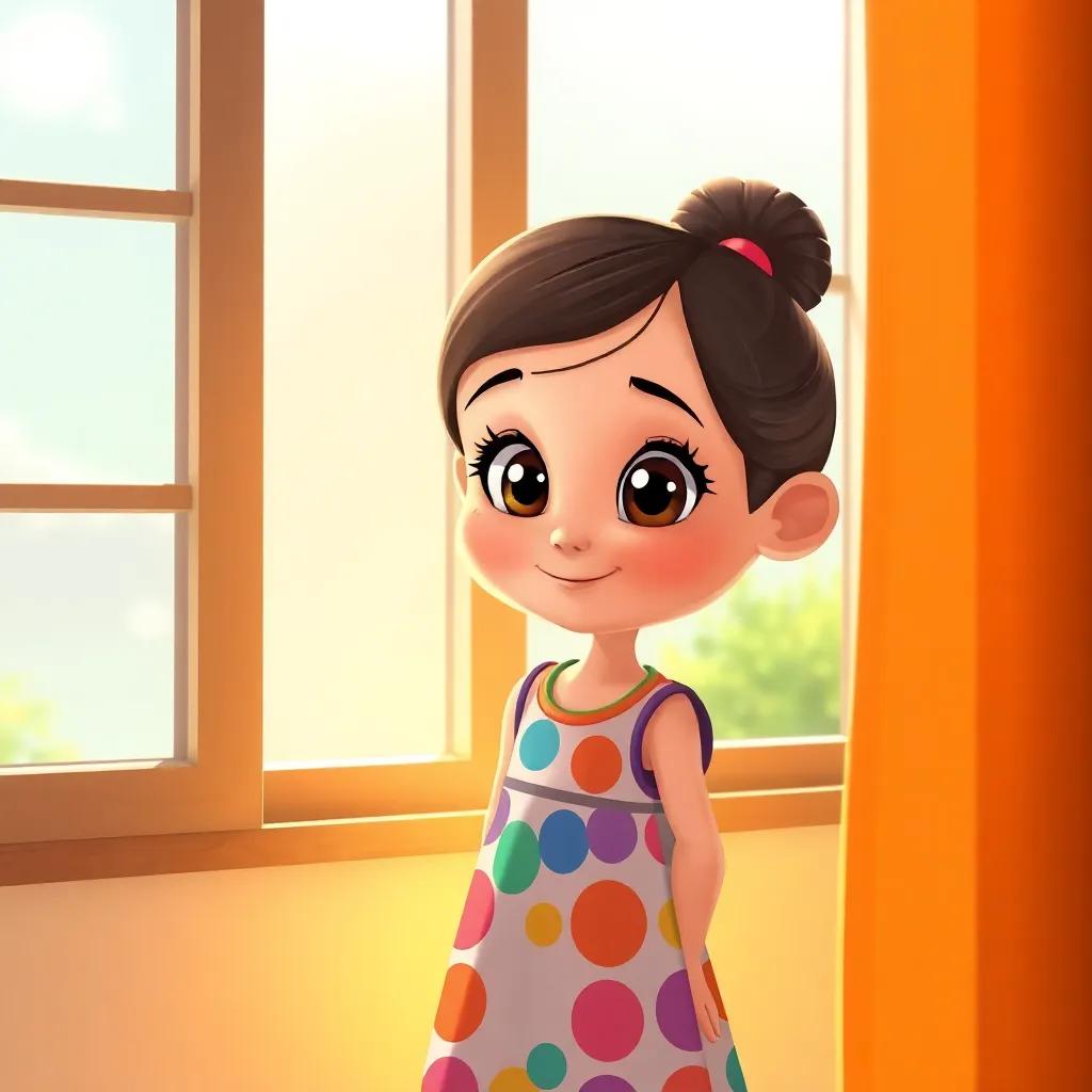 A small girl, with big eyes and a colorful dress, smiling and standing at her window looking at Am Salim, bright sunlight streaming in, warm and inviting, illustration, child-friendly, heartwarming