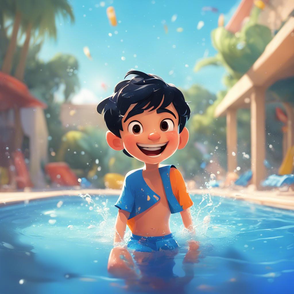 A young boy, Sami, smiling with short black hair and wearing blue swim trunks, playing in a swimming pool with splashes of water around him, cheerful atmosphere, sunny day, vibrant colors, high-quality illustration