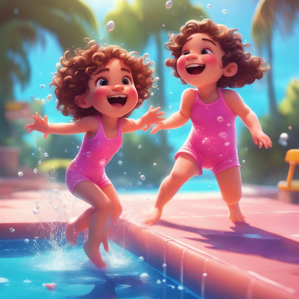 A little girl, Antoucha, with curly brown hair wearing a pink swimsuit, laughing while splashing water with her brother, beautiful blue pool in the background, fun and playful scene, bright colors, cheerful vibe