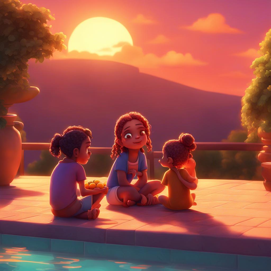 Sami and Antoucha sitting on the poolside steps, eating fruits together, the sun setting with colorful skies, warm light, strong family bond, heartwarming scene