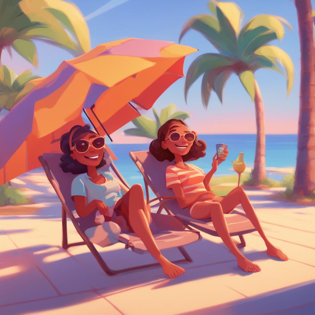 Sami and Antoucha laying on lounge chairs under an umbrella, reminiscing about family trips, bright and sunny day, relaxed atmosphere, joyous expression