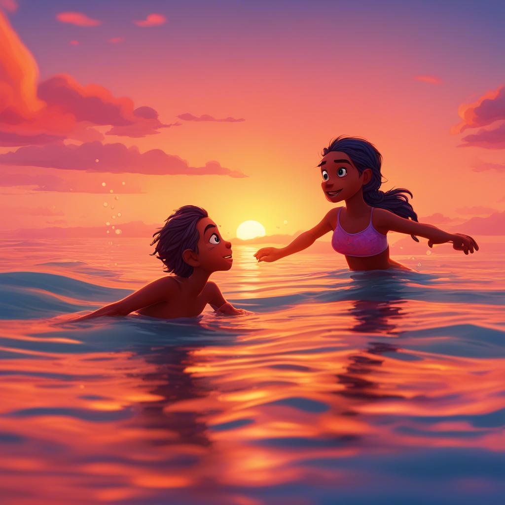 The sky filled with beautiful colors at sunset, Sami and Antoucha swimming together in the warm water, feeling the joy of a perfect day, stunning sunset views, high-quality image