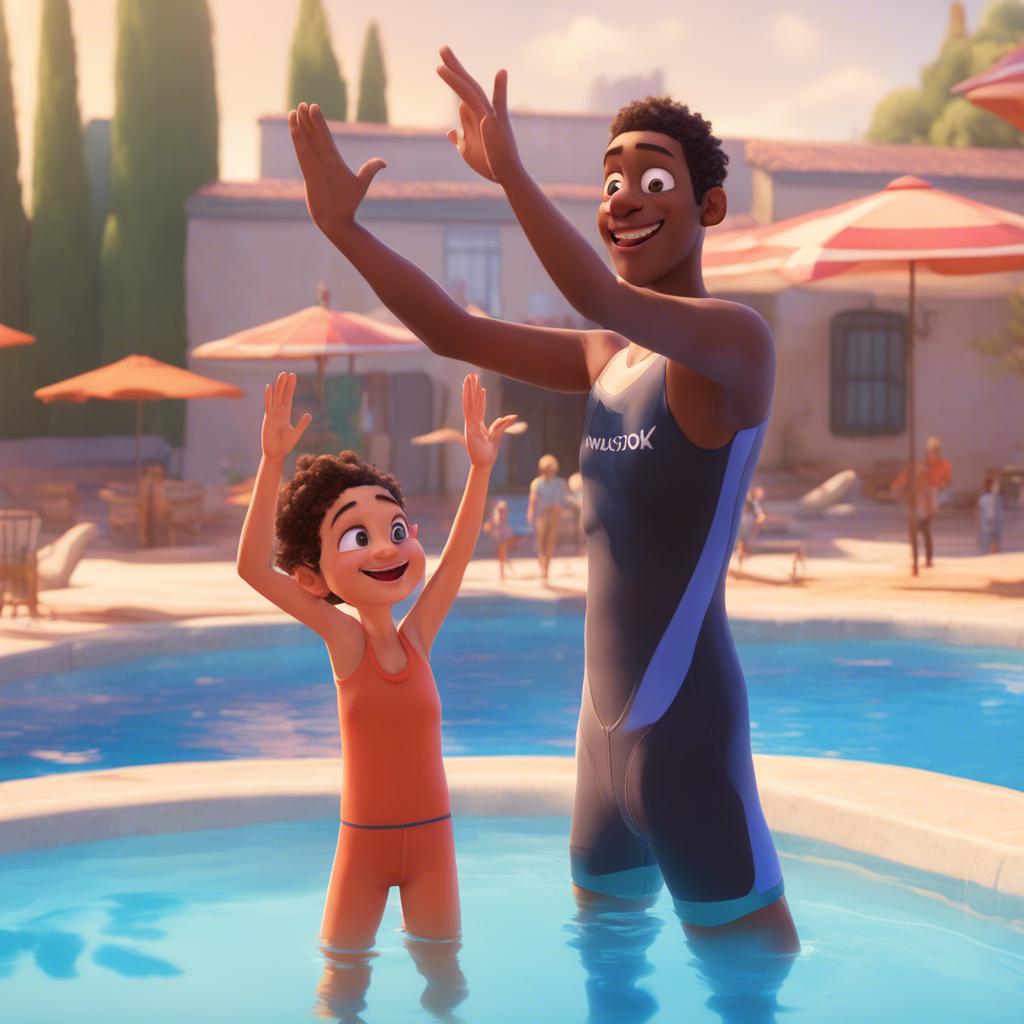 Sami giving Antoucha a high-five, both looking excited and loving, a radiant swimming pool behind them under a clear sky, vibrant and lively scene, friendly perspective