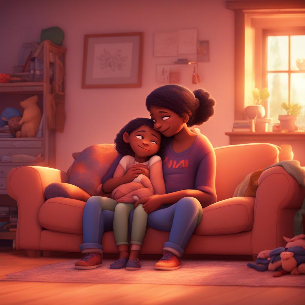 Sami and Antoucha sharing a soft hug while their parents watch, surrounded by homey comforts, expressing family love, calm and loving setting, bright colors