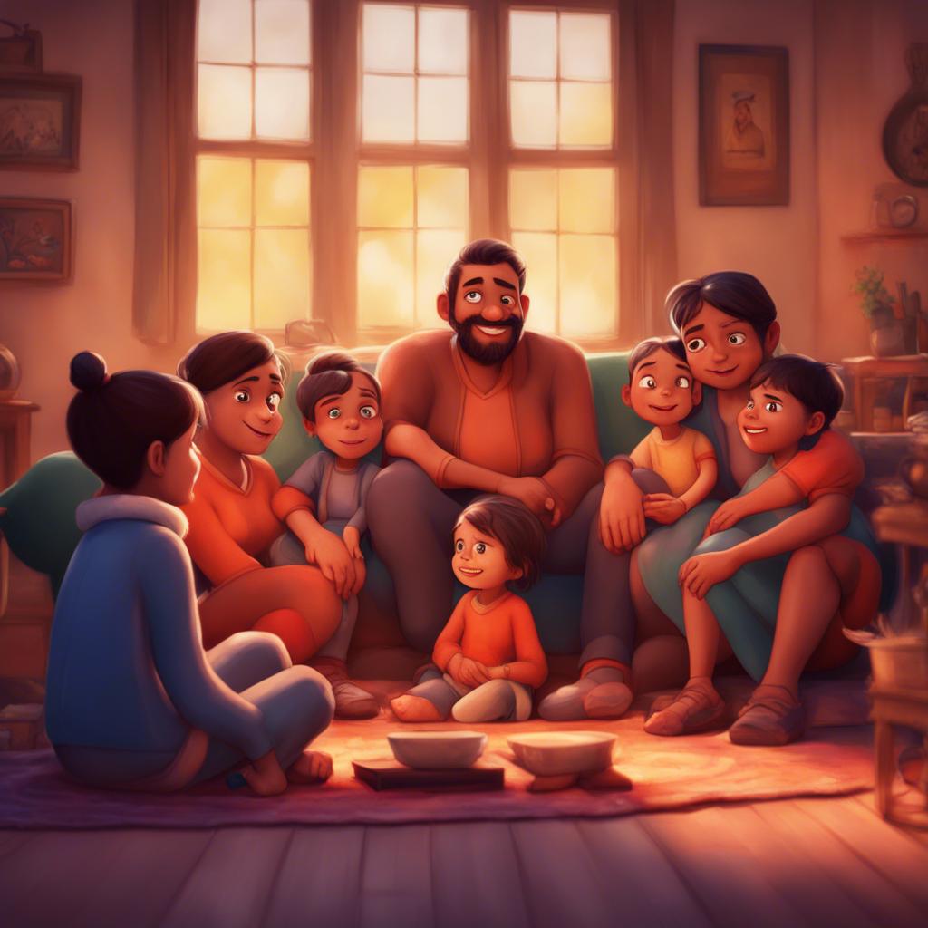 A warm family scene with Sami, Antoucha, and their parents sitting together, the children's smiles reflecting their strong bond, heartwarming ambiance, delightful colors