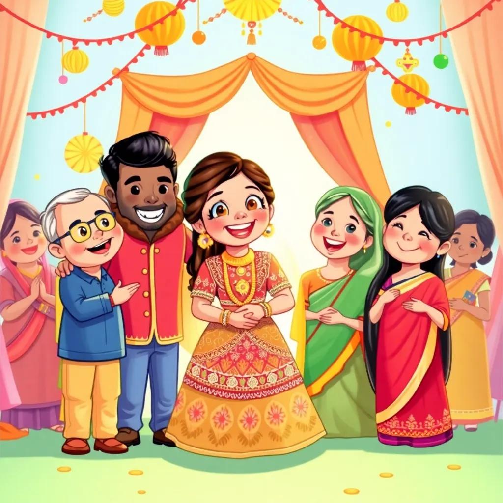 A joyous wedding scene with a cheerful bride named Hind, wearing a beautiful traditional dress, surrounded by smiling family members, colorful decorations, bright warm light, happy atmosphere, celebration theme, digital art, vivid colors, high quality