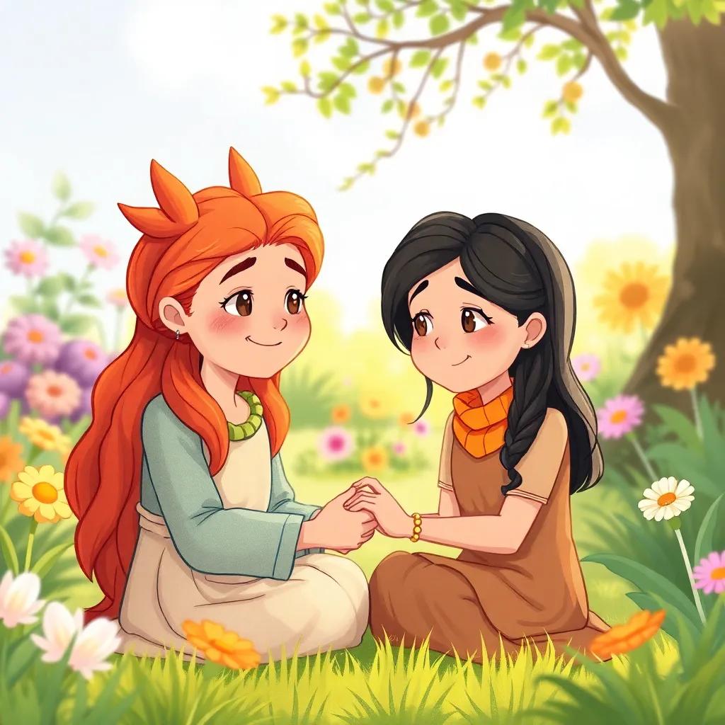 A thoughtful moment between Hind and her partner, with a warm smile and concern in their eyes, holding hands while sitting in a beautiful garden, soft natural light, serene and peaceful vibes, storytelling view, child-friendly
