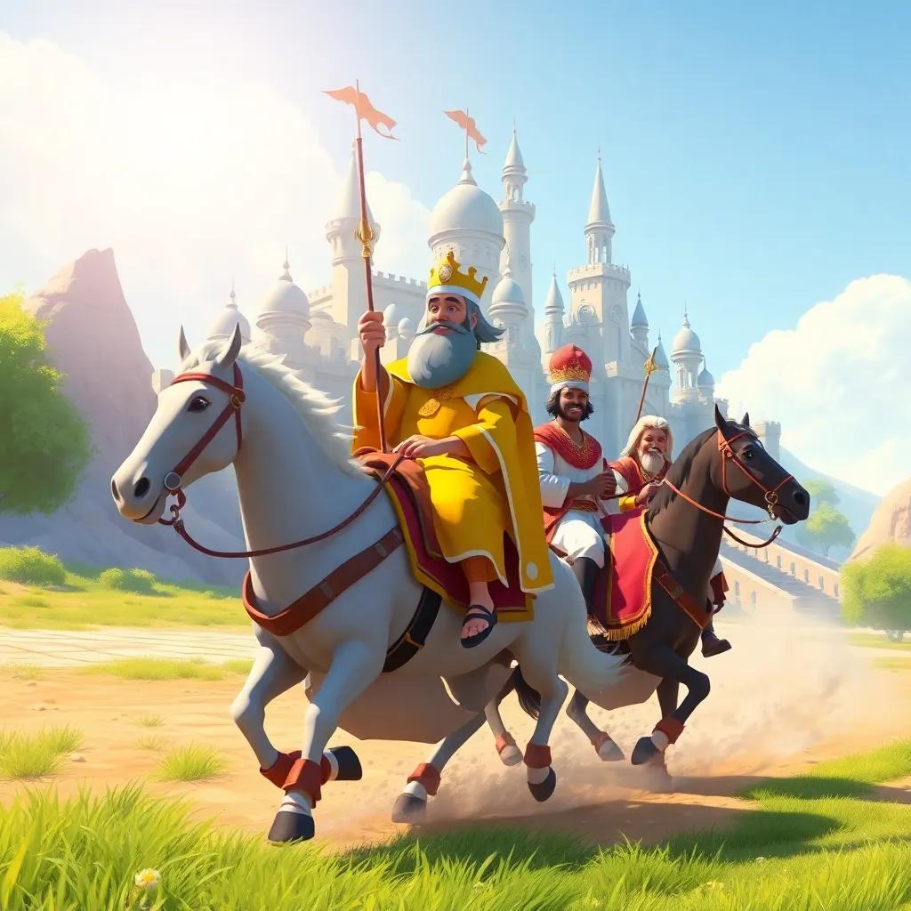 A sunny day, King Aqwas riding back to his castle with princes and ministers, cheerful atmosphere, majestic castle in the background, vibrant colors, high quality, digital art